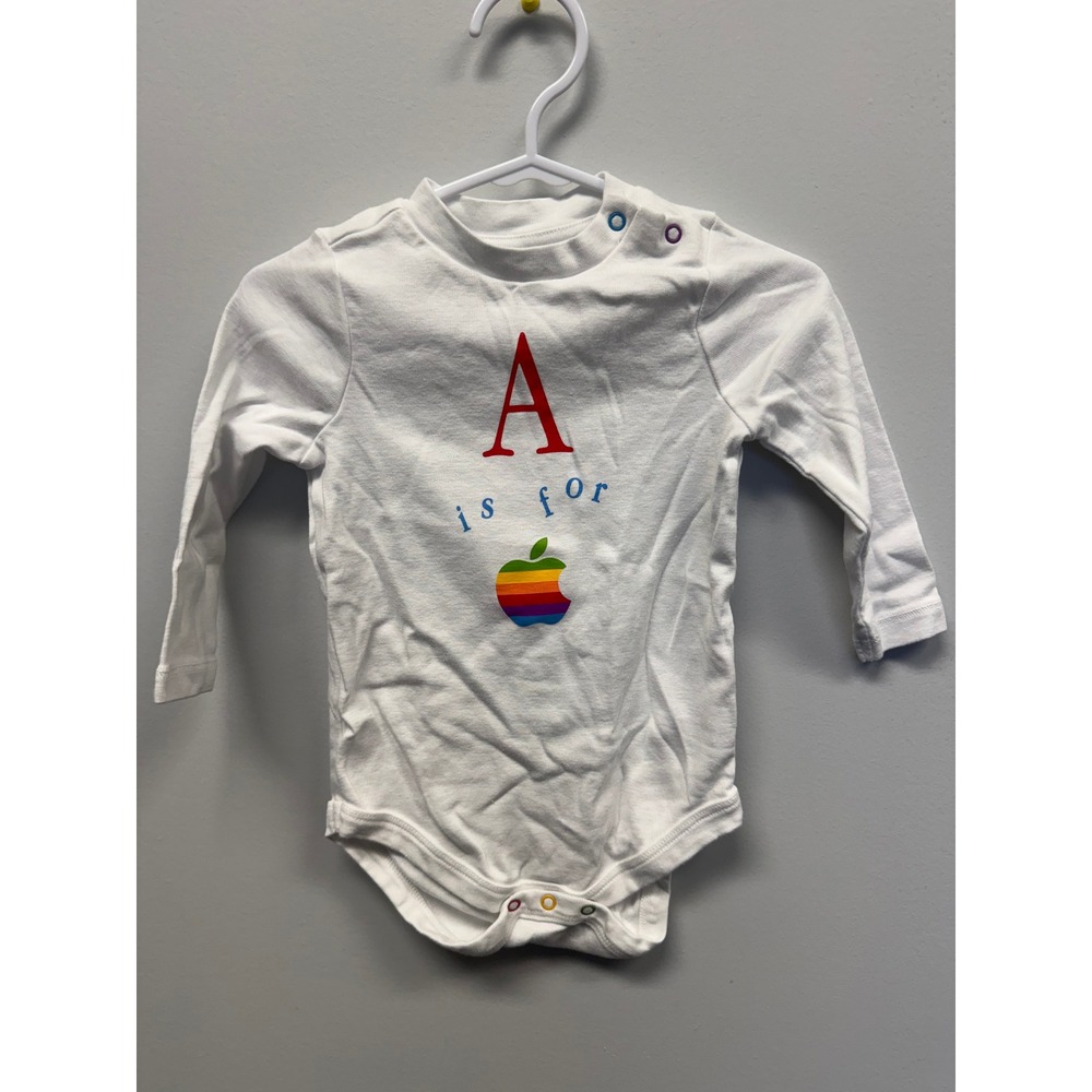 Apple Computer Vintage Rainbow Logo A is for Apple White Long Sleeve Bodysuit